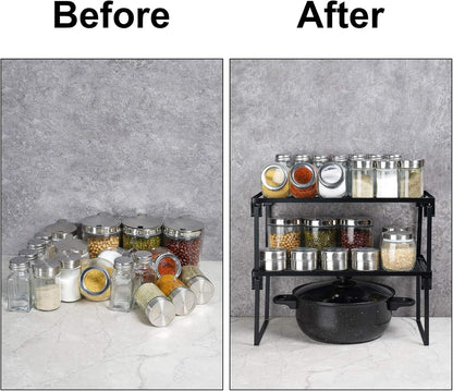 2-Pack Stackable Kitchen Storage Shelf Rack Metal Cabinet Shelves | Metal Cabinet Organizer Shelf for Spices, Pantry, Cupboard Countertop, with Removable Support Legs for Easy Storage (Black)