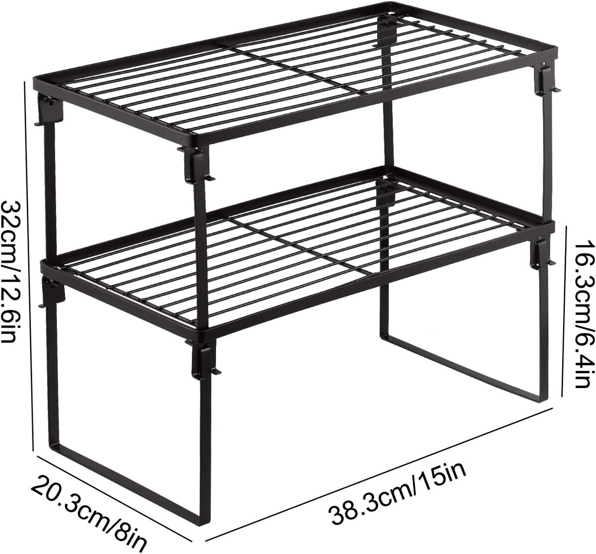 2-Pack Stackable Kitchen Storage Shelf Rack Metal Cabinet Shelves | Metal Cabinet Organizer Shelf for Spices, Pantry, Cupboard Countertop, with Removable Support Legs for Easy Storage (Black)
