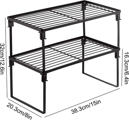 2-Pack Stackable Kitchen Storage Shelf Rack Metal Cabinet Shelves | Metal Cabinet Organizer Shelf for Spices, Pantry, Cupboard Countertop, with Removable Support Legs for Easy Storage (Black)