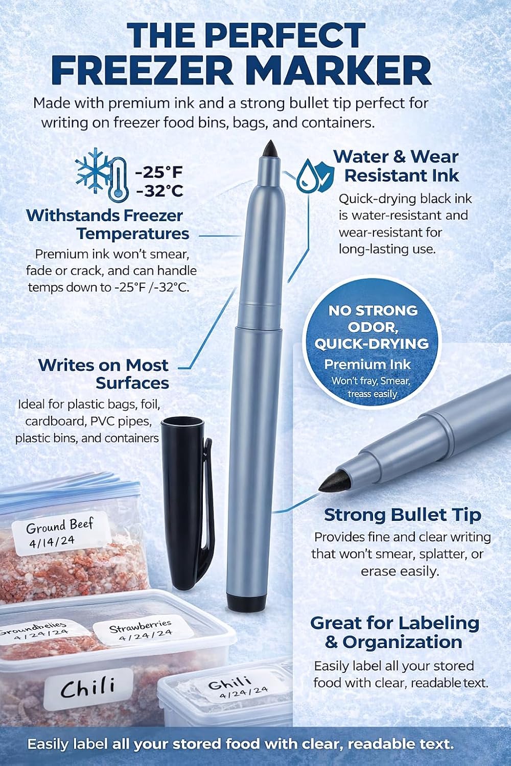 Permanent Freezer Marker Set of 2 – Waterproof Fast-Drying Black Ink Pens with Chisel Tip for Food Labeling, Fridge & Freezer Storage, Kitchen & Lab Use & General Organization.