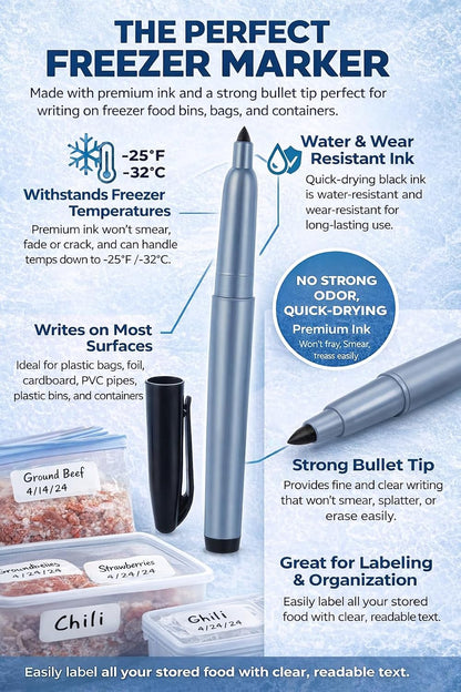 Permanent Freezer Marker Set of 2 – Waterproof Fast-Drying Black Ink Pens with Chisel Tip for Food Labeling, Fridge & Freezer Storage, Kitchen & Lab Use & General Organization.