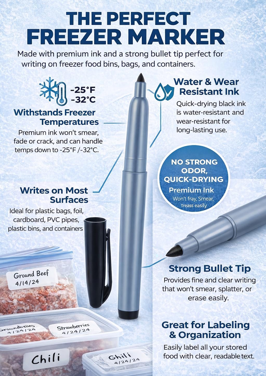 Permanent Freezer Marker Set of 2 – Waterproof Fast-Drying Black Ink Pens with Chisel Tip for Food Labeling, Fridge & Freezer Storage, Kitchen & Lab Use & General Organization.