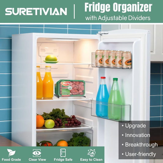 Freezer Organizer 12” Visible Fridge Organizer Rack with Removable Dividers and Handles, Freely Adjustable, Fits Refrigerator Frozen Meals, Lunch Meat Box, Cheeses(White)