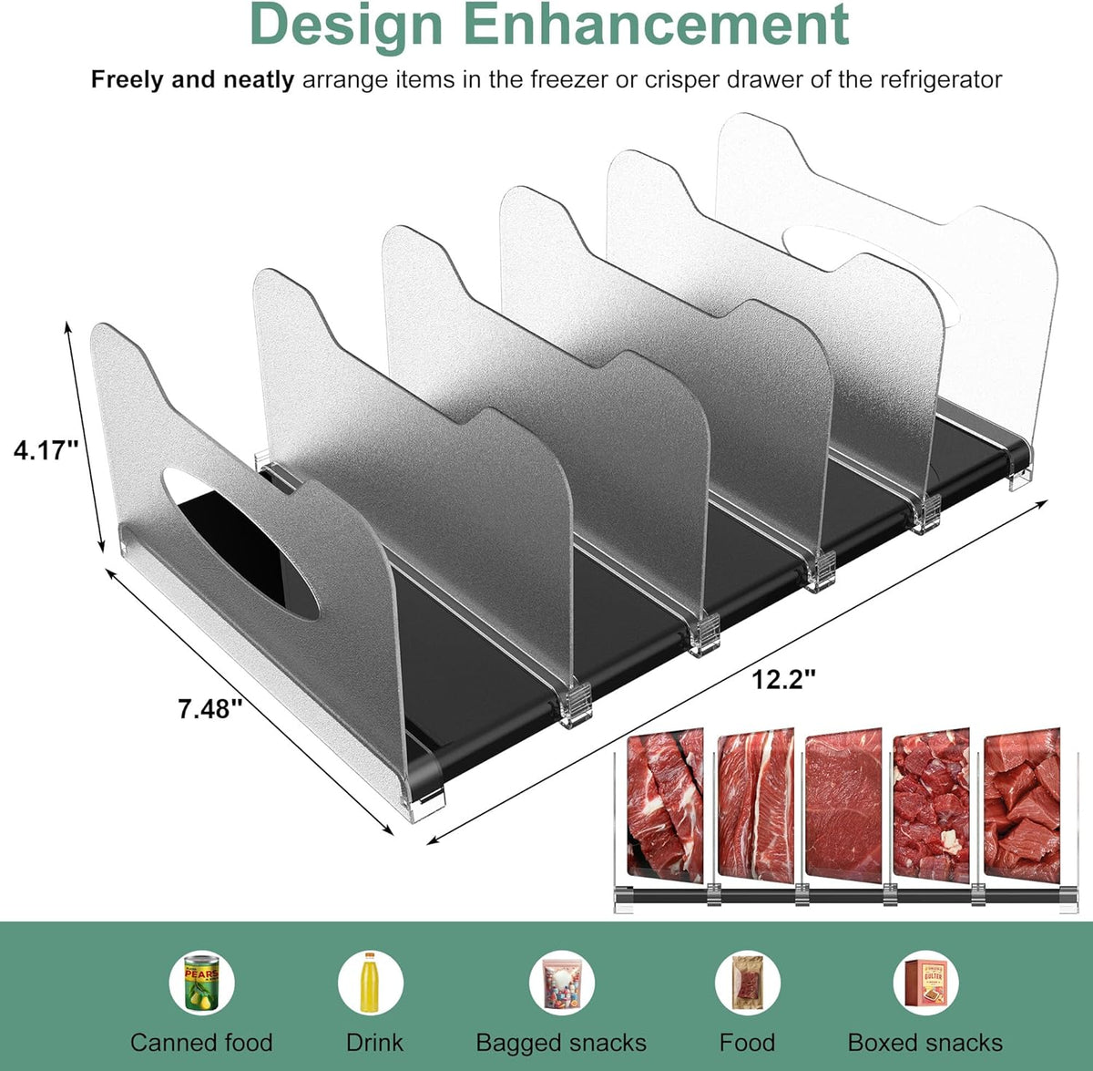 Freezer Organizer 12” Visible Fridge Organizer Rack with Removable Dividers and Handles, Freely Adjustable, Fits Refrigerator Frozen Meals, Lunch Meat Box, Cheeses(White)