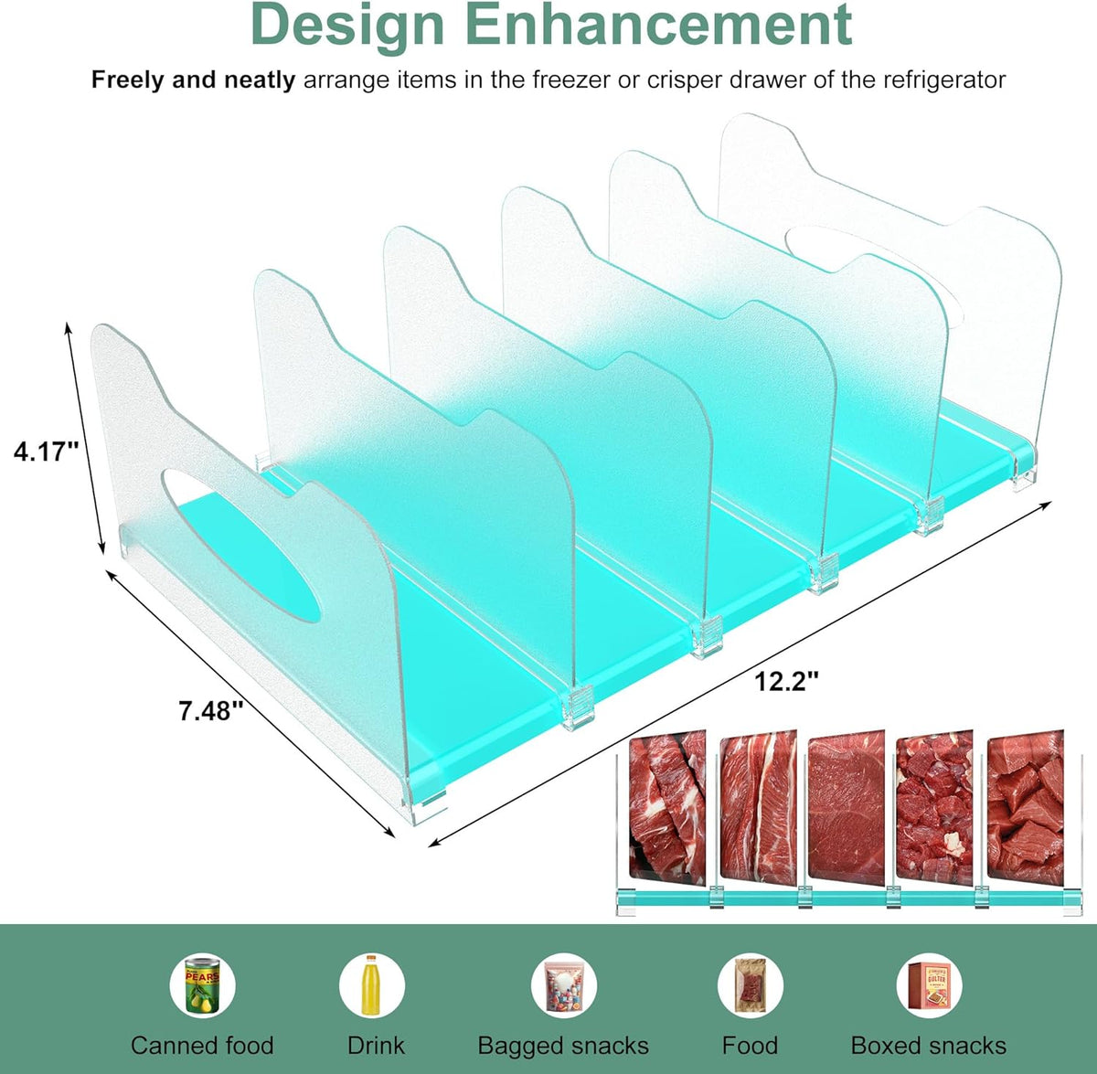 Freezer Organizer 12” Visible Fridge Organizer Rack with Removable Dividers and Handles, Freely Adjustable, Fits Refrigerator Frozen Meals, Lunch Meat Box, Cheeses(White)