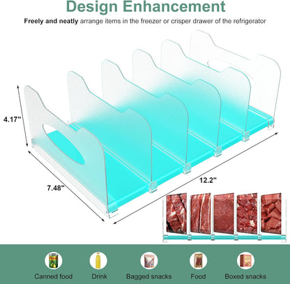 Freezer Organizer 12” Visible Fridge Organizer Rack with Removable Dividers and Handles, Freely Adjustable, Fits Refrigerator Frozen Meals, Lunch Meat Box, Cheeses(White)