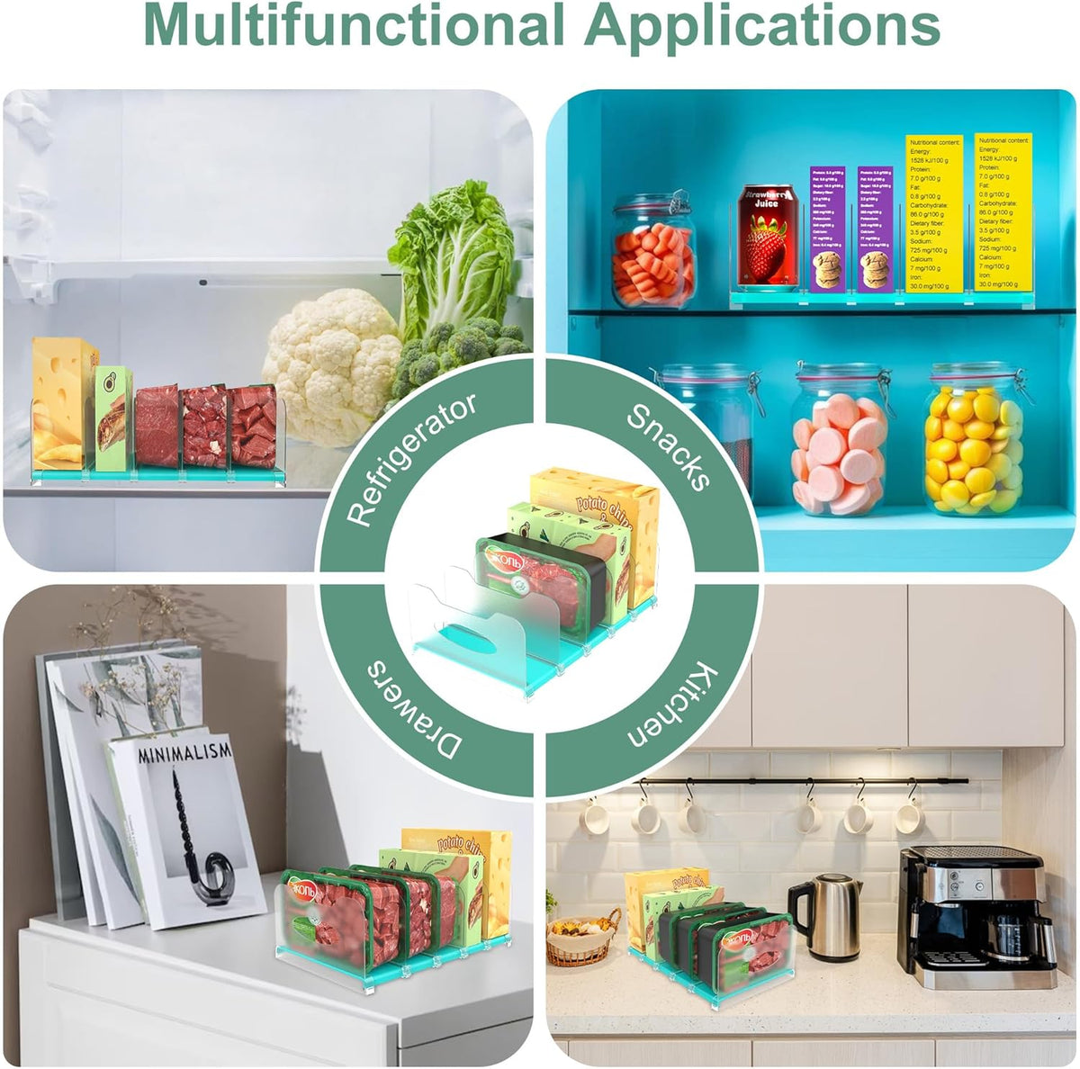 Freezer Organizer 12” Visible Fridge Organizer Rack with Removable Dividers and Handles, Freely Adjustable, Fits Refrigerator Frozen Meals, Lunch Meat Box, Cheeses(White)