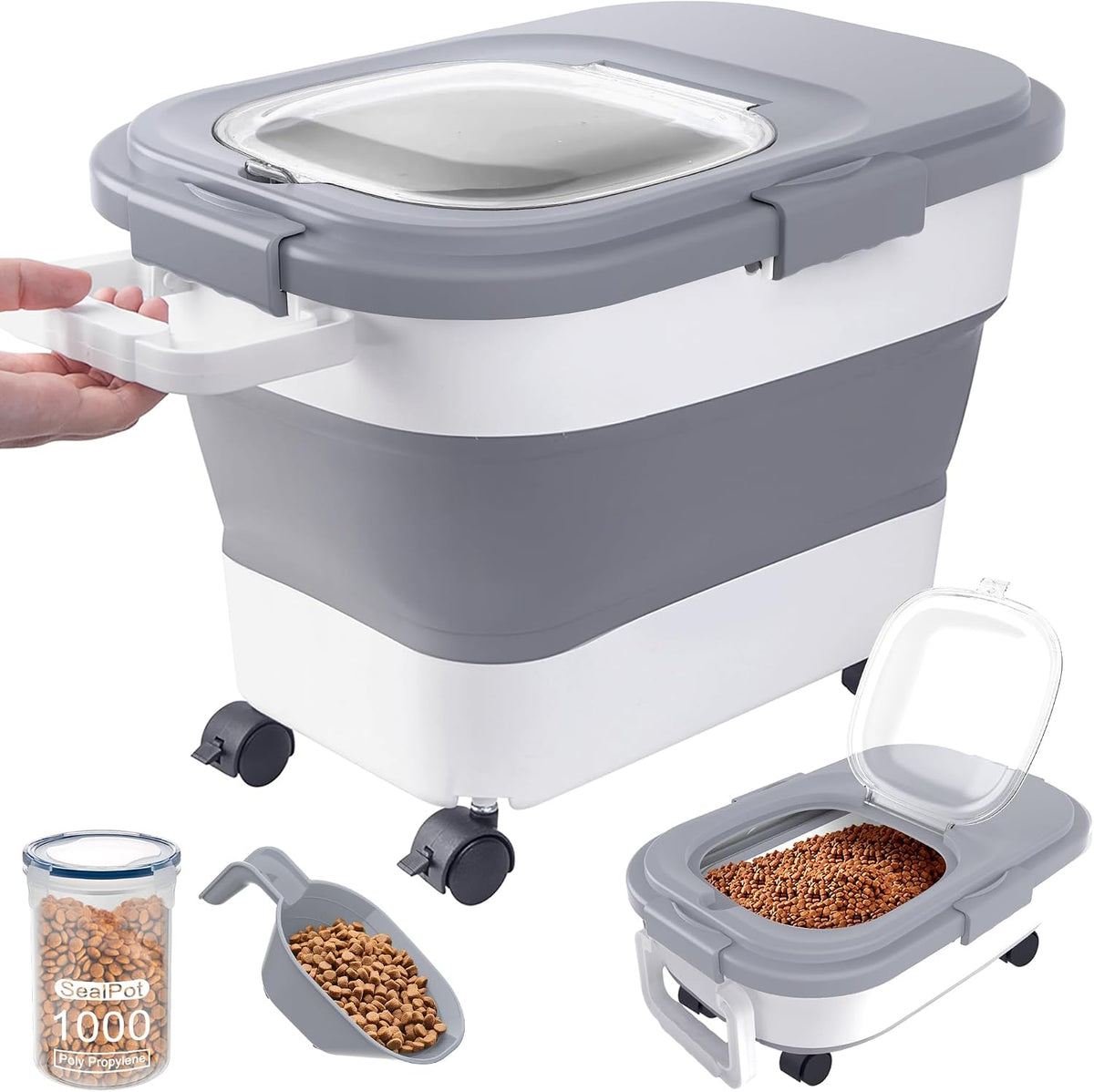 23-25Lbs Airtight Dog Food Storage Container,Collapsible Dog Food Container | Large Pet Food Storage Container with Lid,Wheels,Handle,Scoop,Small Cat Food Container for Dog Cat