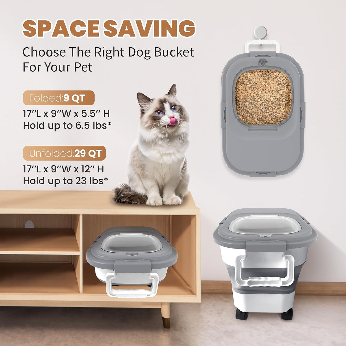 23-25Lbs Airtight Dog Food Storage Container,Collapsible Dog Food Container | Large Pet Food Storage Container with Lid,Wheels,Handle,Scoop,Small Cat Food Container for Dog Cat