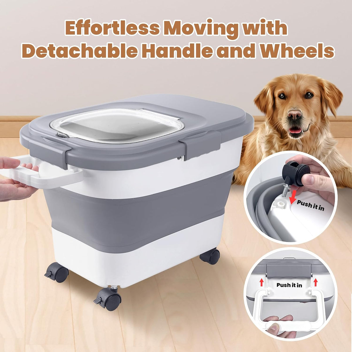 23-25Lbs Airtight Dog Food Storage Container,Collapsible Dog Food Container | Large Pet Food Storage Container with Lid,Wheels,Handle,Scoop,Small Cat Food Container for Dog Cat