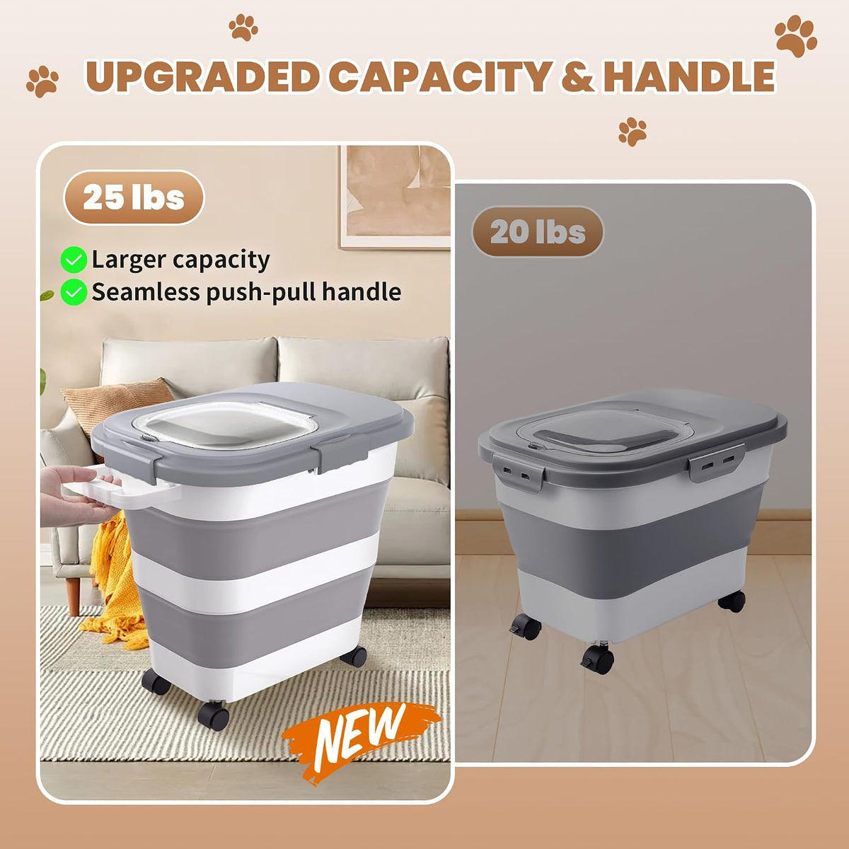 23-25Lbs Airtight Dog Food Storage Container,Collapsible Dog Food Container | Large Pet Food Storage Container with Lid,Wheels,Handle,Scoop,Small Cat Food Container for Dog Cat