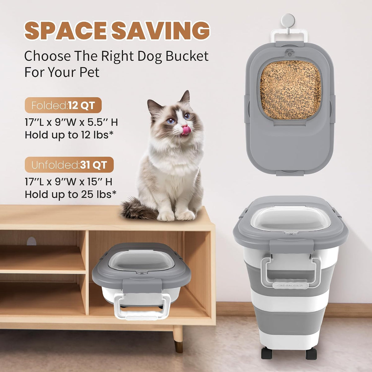 23-25Lbs Airtight Dog Food Storage Container,Collapsible Dog Food Container | Large Pet Food Storage Container with Lid,Wheels,Handle,Scoop,Small Cat Food Container for Dog Cat