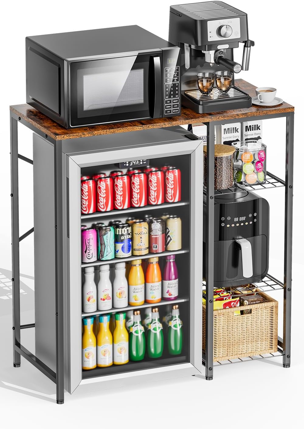 Mini Fridge Stand with Storage Shelves, 3-Tier Microwave Stand, Coffee Bar Bakers Rack, Small Refrigerator Cabinet Organizer Table for Dorm Apartment Kitchen Office, Rustic Brown