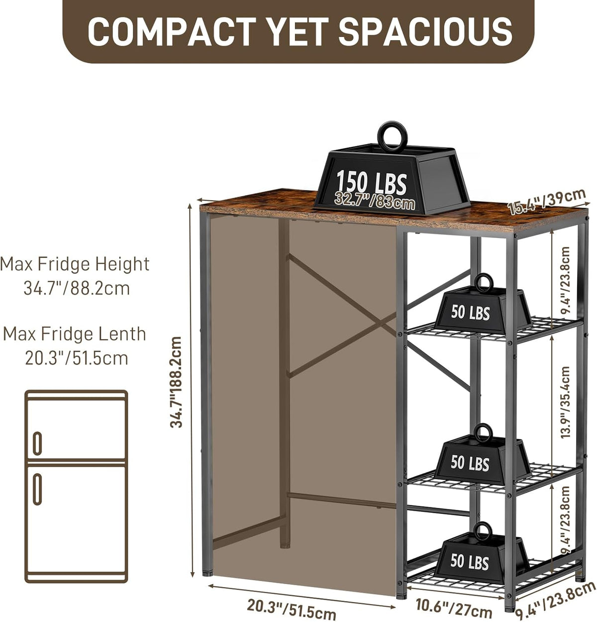 Mini Fridge Stand with Storage Shelves, 3-Tier Microwave Stand, Coffee Bar Bakers Rack, Small Refrigerator Cabinet Organizer Table for Dorm Apartment Kitchen Office, Rustic Brown