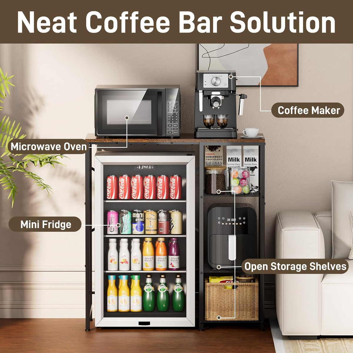 Mini Fridge Stand with Storage Shelves, 3-Tier Microwave Stand, Coffee Bar Bakers Rack, Small Refrigerator Cabinet Organizer Table for Dorm Apartment Kitchen Office, Rustic Brown