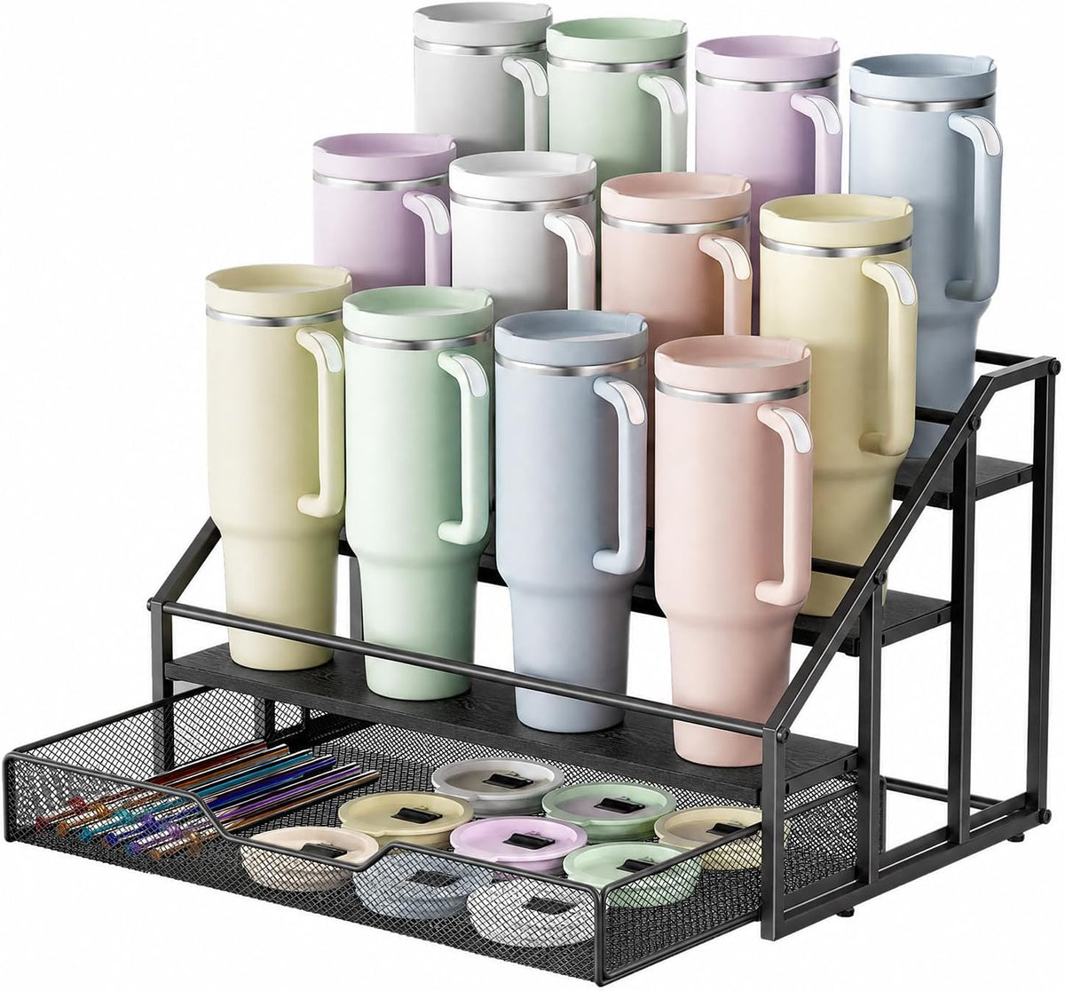 Water Bottle Organizer for Stanley, 4-Tier 12 Bottles Rack with Storage Basket for Cup Accessories, Large Tumbler Holder Stand, Water Bottle Holder Wine Rack