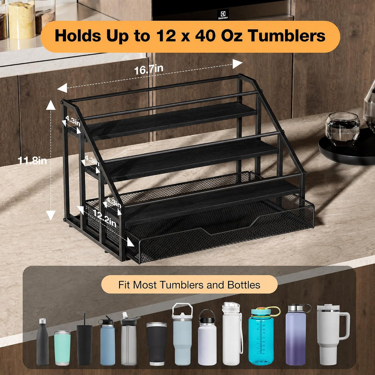 Water Bottle Organizer for Stanley, 4-Tier 12 Bottles Rack with Storage Basket for Cup Accessories, Large Tumbler Holder Stand, Water Bottle Holder Wine Rack