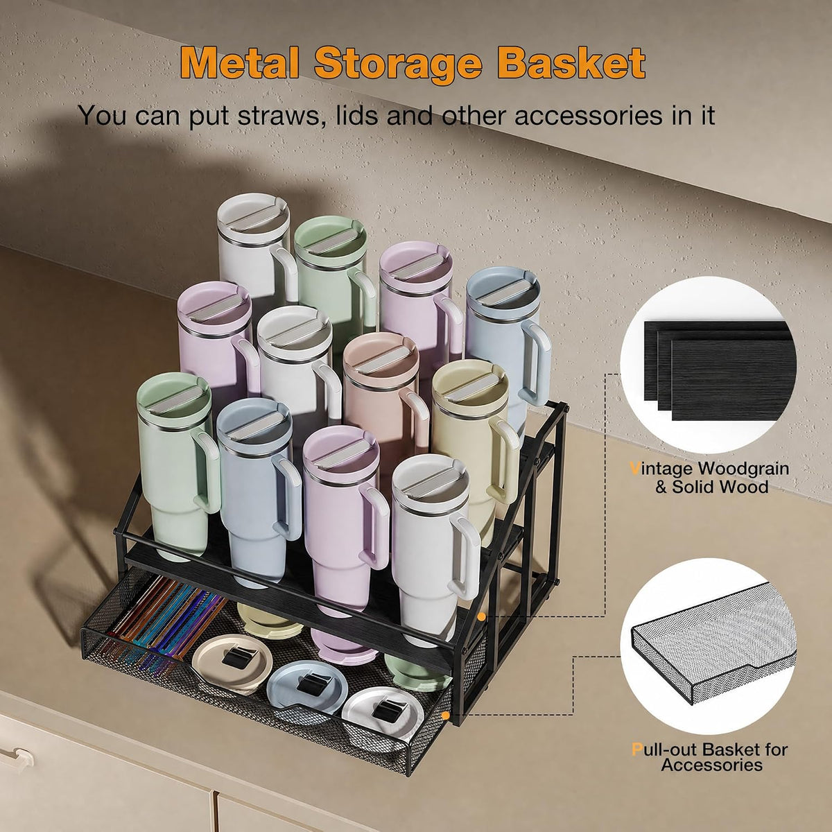 Water Bottle Organizer for Stanley, 4-Tier 12 Bottles Rack with Storage Basket for Cup Accessories, Large Tumbler Holder Stand, Water Bottle Holder Wine Rack
