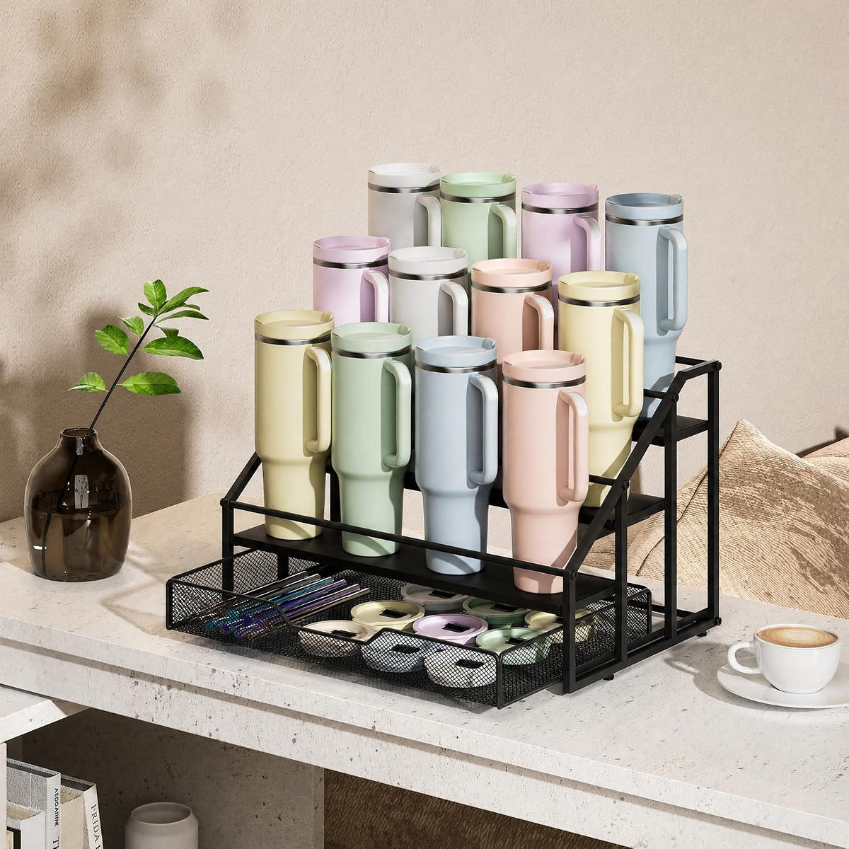 Water Bottle Organizer for Stanley, 4-Tier 12 Bottles Rack with Storage Basket for Cup Accessories, Large Tumbler Holder Stand, Water Bottle Holder Wine Rack