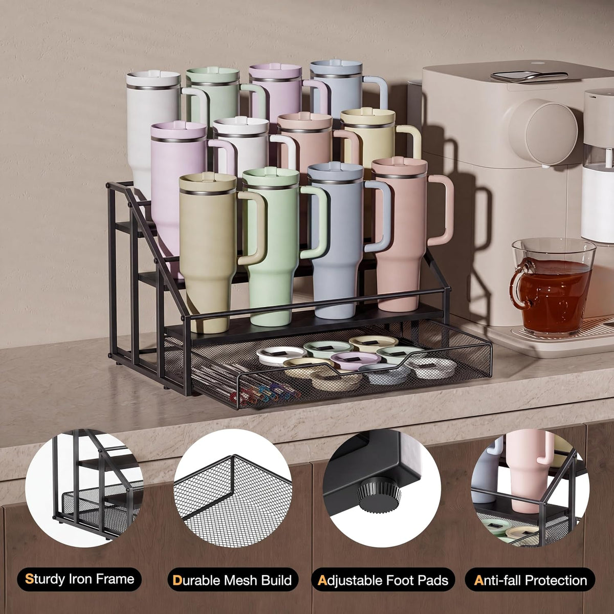 Water Bottle Organizer for Stanley, 4-Tier 12 Bottles Rack with Storage Basket for Cup Accessories, Large Tumbler Holder Stand, Water Bottle Holder Wine Rack