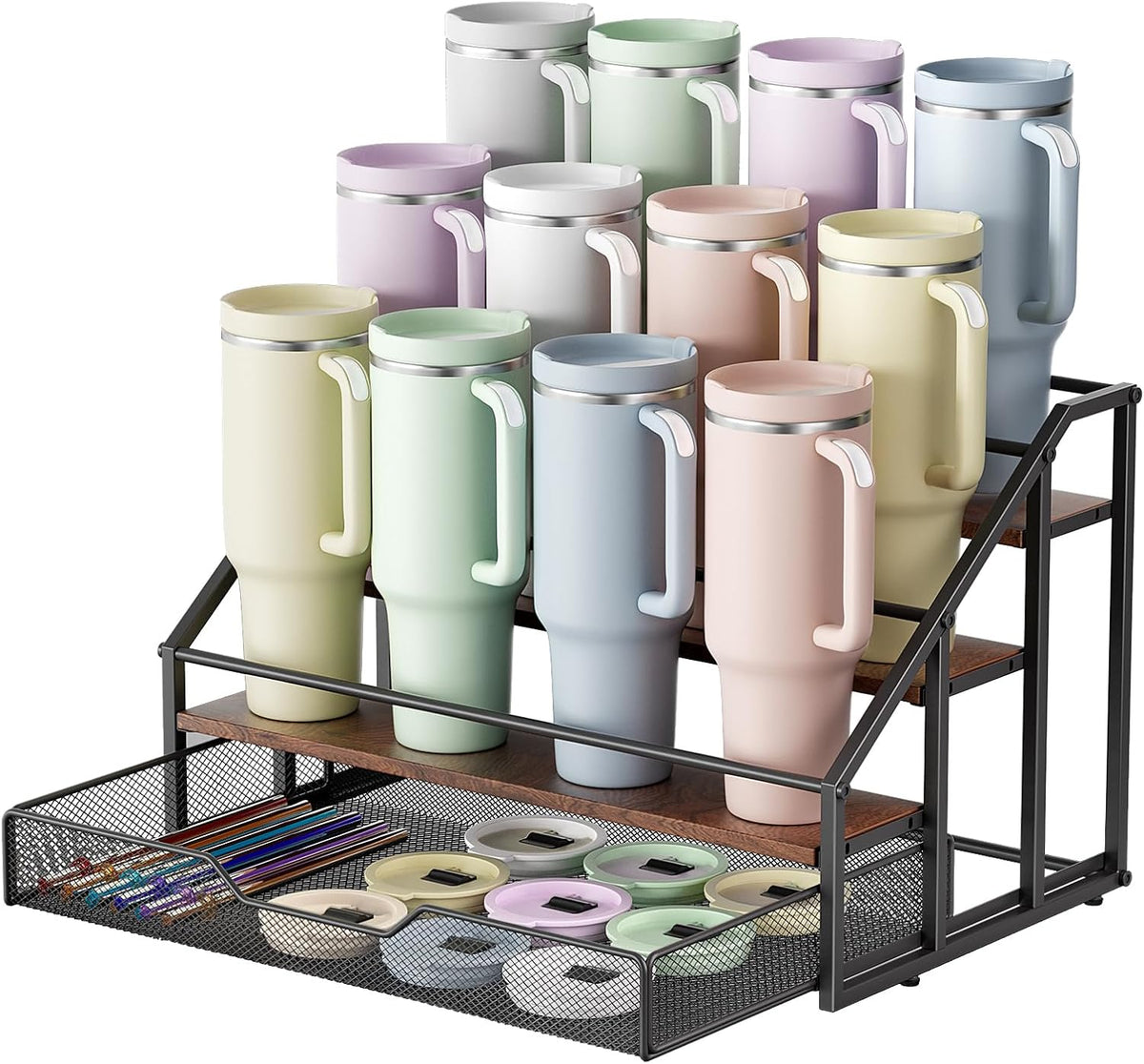 Water Bottle Organizer for Stanley, 4-Tier 12 Bottles Rack with Storage Basket for Cup Accessories, Large Tumbler Holder Stand, Water Bottle Holder Wine Rack