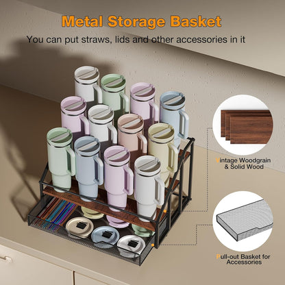 Water Bottle Organizer for Stanley, 4-Tier 12 Bottles Rack with Storage Basket for Cup Accessories, Large Tumbler Holder Stand, Water Bottle Holder Wine Rack