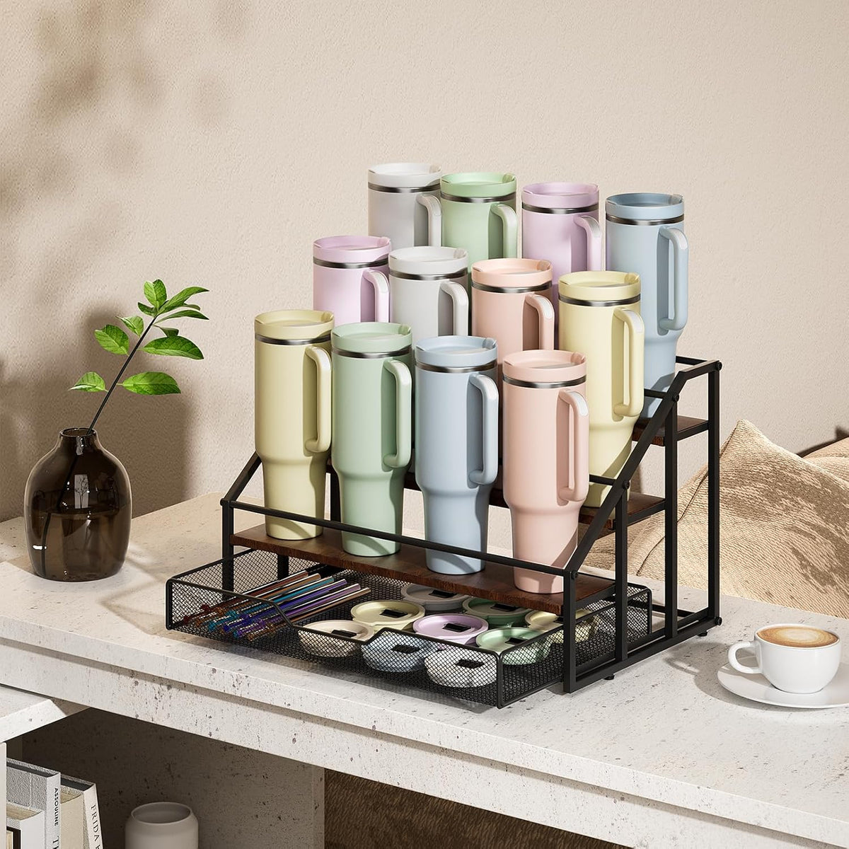 Water Bottle Organizer for Stanley, 4-Tier 12 Bottles Rack with Storage Basket for Cup Accessories, Large Tumbler Holder Stand, Water Bottle Holder Wine Rack