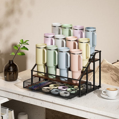 Water Bottle Organizer for Stanley, 4-Tier 12 Bottles Rack with Storage Basket for Cup Accessories, Large Tumbler Holder Stand, Water Bottle Holder Wine Rack
