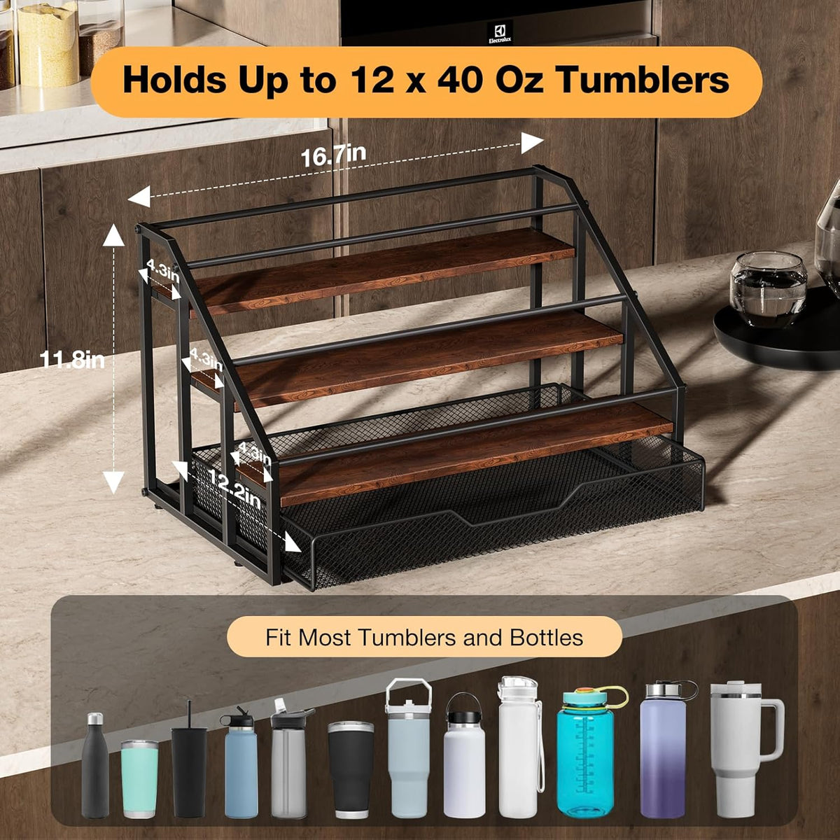 Water Bottle Organizer for Stanley, 4-Tier 12 Bottles Rack with Storage Basket for Cup Accessories, Large Tumbler Holder Stand, Water Bottle Holder Wine Rack