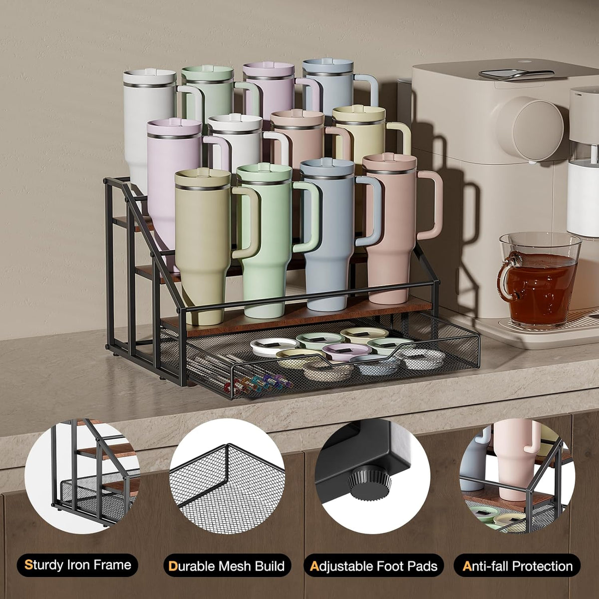 Water Bottle Organizer for Stanley, 4-Tier 12 Bottles Rack with Storage Basket for Cup Accessories, Large Tumbler Holder Stand, Water Bottle Holder Wine Rack