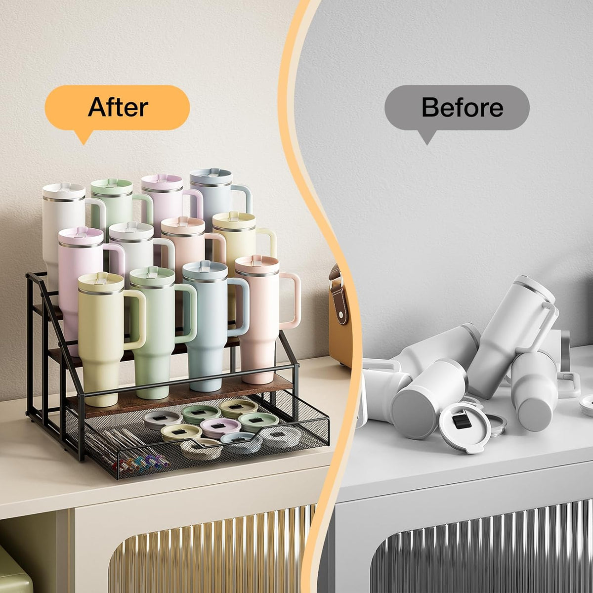 Water Bottle Organizer for Stanley, 4-Tier 12 Bottles Rack with Storage Basket for Cup Accessories, Large Tumbler Holder Stand, Water Bottle Holder Wine Rack