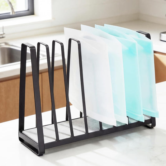 Reusable Bag Drying Rack - 9-Slot Plastic Bag Drying Rack with Diatomite Base(Keep the Countertop Dry), Black