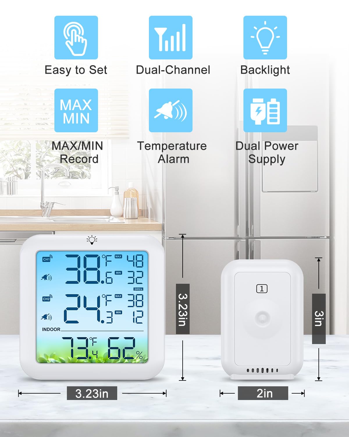 Bomivoi Wireless Fridge and Freezer Thermometer with Alarm, Max/Min Temperature Records Digital Refrigerator Thermometer, 328FT Remote Range, Magnetic & Stand Options for Kitchen Home Restaurant