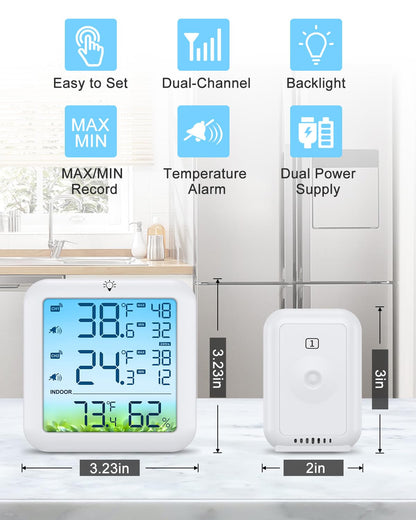 Bomivoi Wireless Fridge and Freezer Thermometer with Alarm, Max/Min Temperature Records Digital Refrigerator Thermometer, 328FT Remote Range, Magnetic & Stand Options for Kitchen Home Restaurant