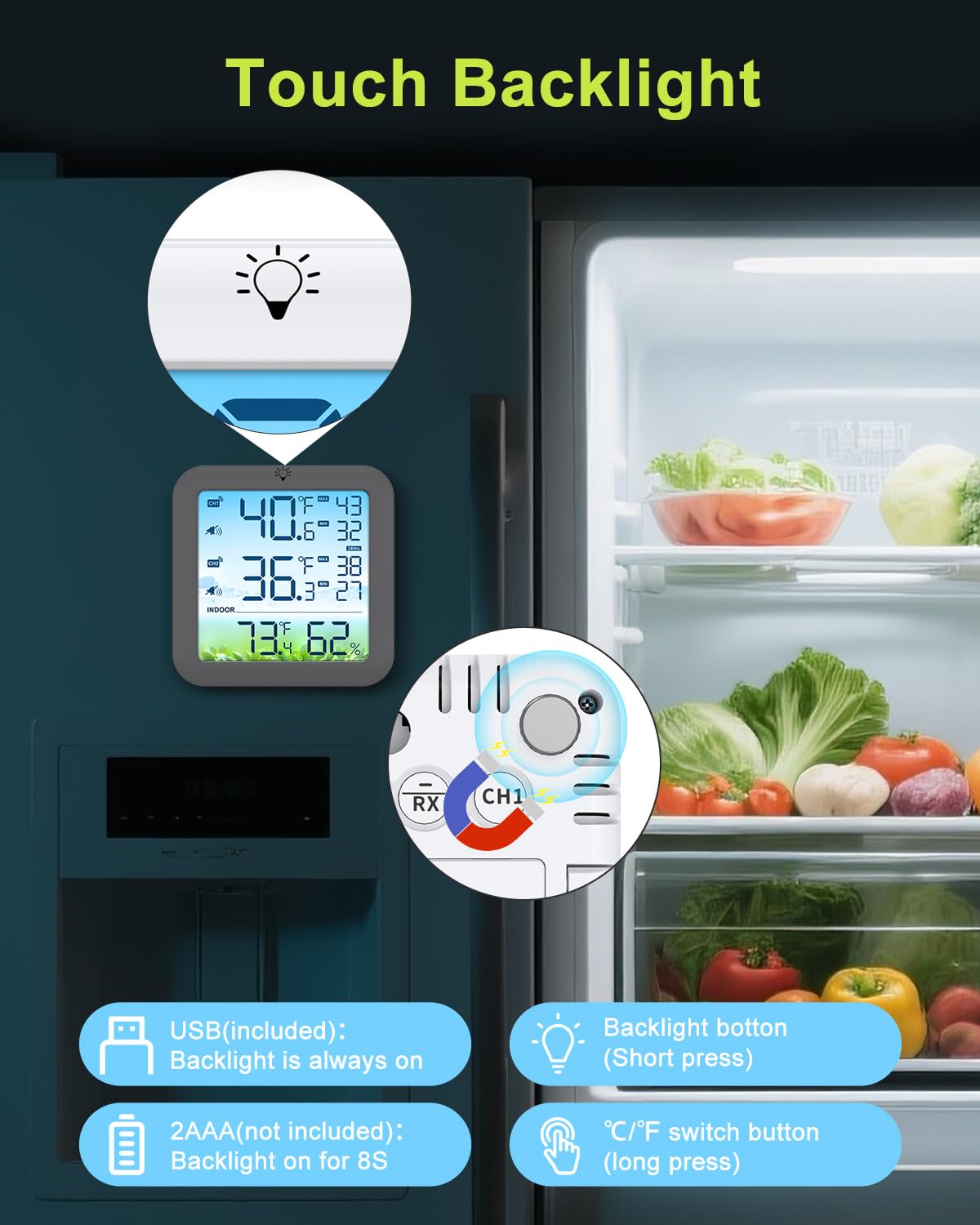 Bomivoi Wireless Fridge and Freezer Thermometer with Alarm, Max/Min Temperature Records Digital Refrigerator Thermometer, 328FT Remote Range, Magnetic & Stand Options for Kitchen Home Restaurant