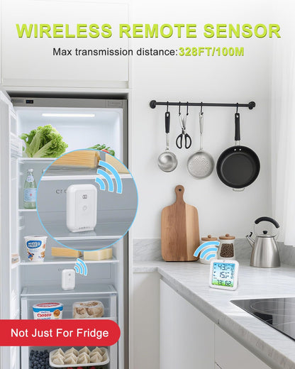 Bomivoi Wireless Fridge and Freezer Thermometer with Alarm, Max/Min Temperature Records Digital Refrigerator Thermometer, 328FT Remote Range, Magnetic & Stand Options for Kitchen Home Restaurant