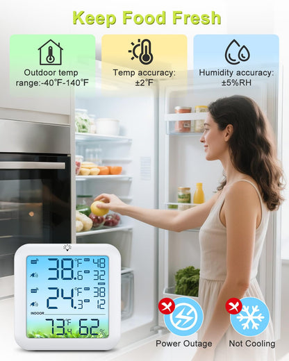 Bomivoi Wireless Fridge and Freezer Thermometer with Alarm, Max/Min Temperature Records Digital Refrigerator Thermometer, 328FT Remote Range, Magnetic & Stand Options for Kitchen Home Restaurant