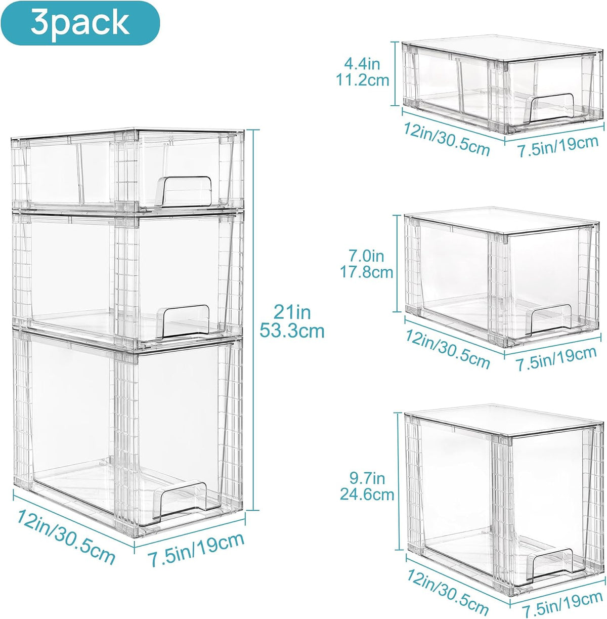 Clear Stackable Storage Drawers, 4 Pack Kitchen Cabinet Set | Medium and Small Pull-Out PET Drawers with Stackable Design for Kitchen Cabinets, Pantry, Under Sink, Medicine