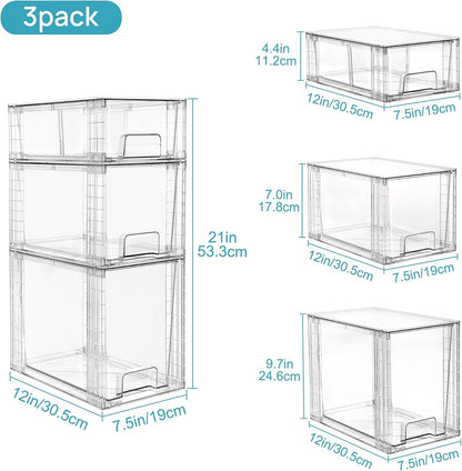 Clear Stackable Storage Drawers, 4 Pack Kitchen Cabinet Set | Medium and Small Pull-Out PET Drawers with Stackable Design for Kitchen Cabinets, Pantry, Under Sink, Medicine
