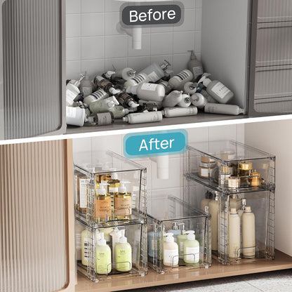 Clear Stackable Storage Drawers, 4 Pack Kitchen Cabinet Set | Medium and Small Pull-Out PET Drawers with Stackable Design for Kitchen Cabinets, Pantry, Under Sink, Medicine