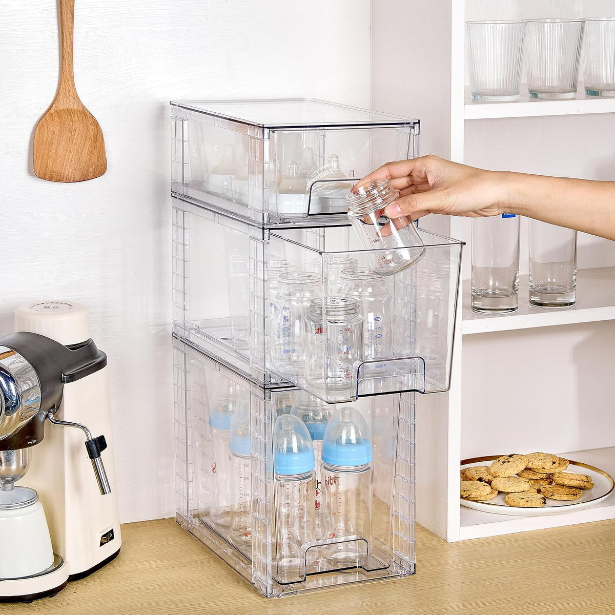 Clear Stackable Storage Drawers, 4 Pack Kitchen Cabinet Set | Medium and Small Pull-Out PET Drawers with Stackable Design for Kitchen Cabinets, Pantry, Under Sink, Medicine