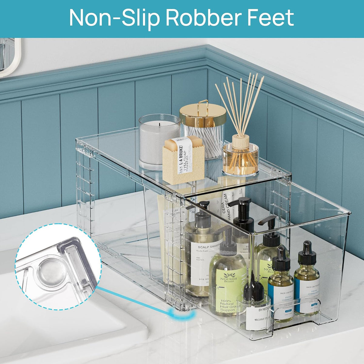 Clear Stackable Storage Drawers, 4 Pack Kitchen Cabinet Set | Medium and Small Pull-Out PET Drawers with Stackable Design for Kitchen Cabinets, Pantry, Under Sink, Medicine