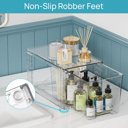Clear Stackable Storage Drawers, 4 Pack Kitchen Cabinet Set | Medium and Small Pull-Out PET Drawers with Stackable Design for Kitchen Cabinets, Pantry, Under Sink, Medicine