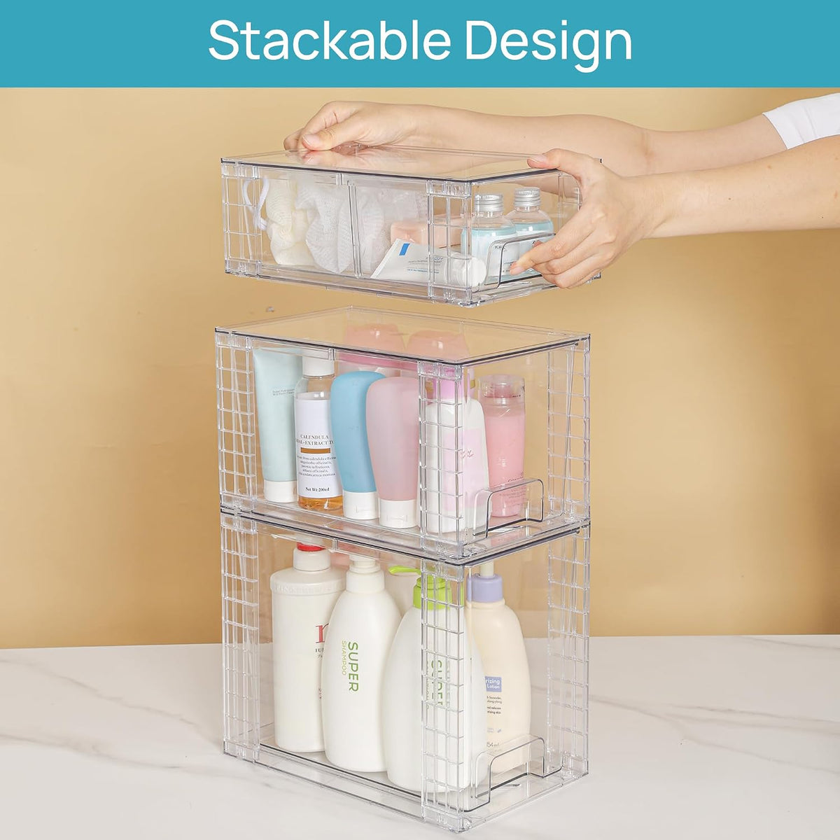 Clear Stackable Storage Drawers, 4 Pack Kitchen Cabinet Set | Medium and Small Pull-Out PET Drawers with Stackable Design for Kitchen Cabinets, Pantry, Under Sink, Medicine