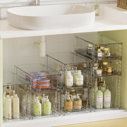 Clear Stackable Storage Drawers, 4 Pack Kitchen Cabinet Set | Medium and Small Pull-Out PET Drawers with Stackable Design for Kitchen Cabinets, Pantry, Under Sink, Medicine