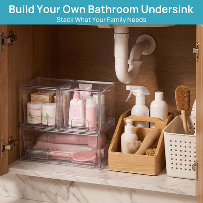 Clear Stackable Storage Drawers, 4 Pack Kitchen Cabinet Set | Medium and Small Pull-Out PET Drawers with Stackable Design for Kitchen Cabinets, Pantry, Under Sink, Medicine