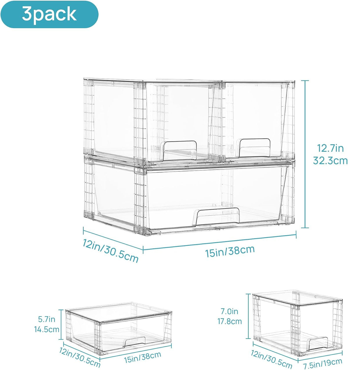 Clear Stackable Storage Drawers, 4 Pack Kitchen Cabinet Set | Medium and Small Pull-Out PET Drawers with Stackable Design for Kitchen Cabinets, Pantry, Under Sink, Medicine