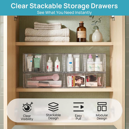 Clear Stackable Storage Drawers, 4 Pack Kitchen Cabinet Set | Medium and Small Pull-Out PET Drawers with Stackable Design for Kitchen Cabinets, Pantry, Under Sink, Medicine
