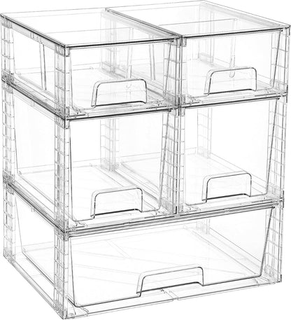 Clear Stackable Storage Drawers, 4 Pack Kitchen Cabinet Set | Medium and Small Pull-Out PET Drawers with Stackable Design for Kitchen Cabinets, Pantry, Under Sink, Medicine