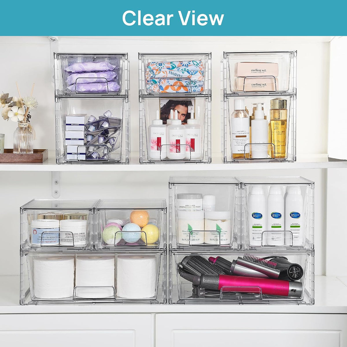 Clear Stackable Storage Drawers, 4 Pack Kitchen Cabinet Set | Medium and Small Pull-Out PET Drawers with Stackable Design for Kitchen Cabinets, Pantry, Under Sink, Medicine